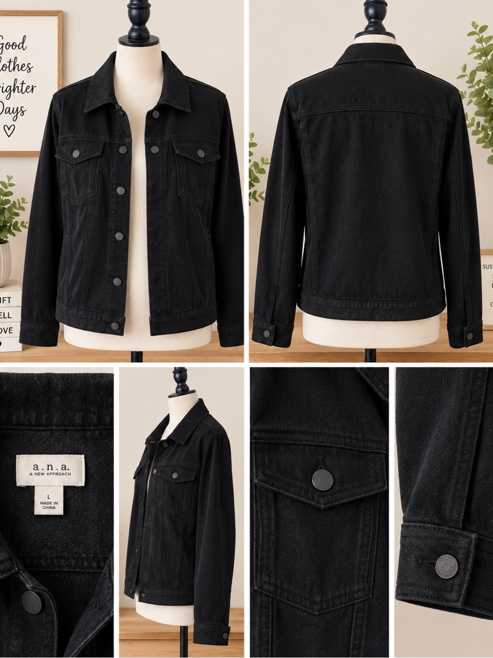 a.n.a Men's Black Denim Jacket - Classic Button-Front Trucker